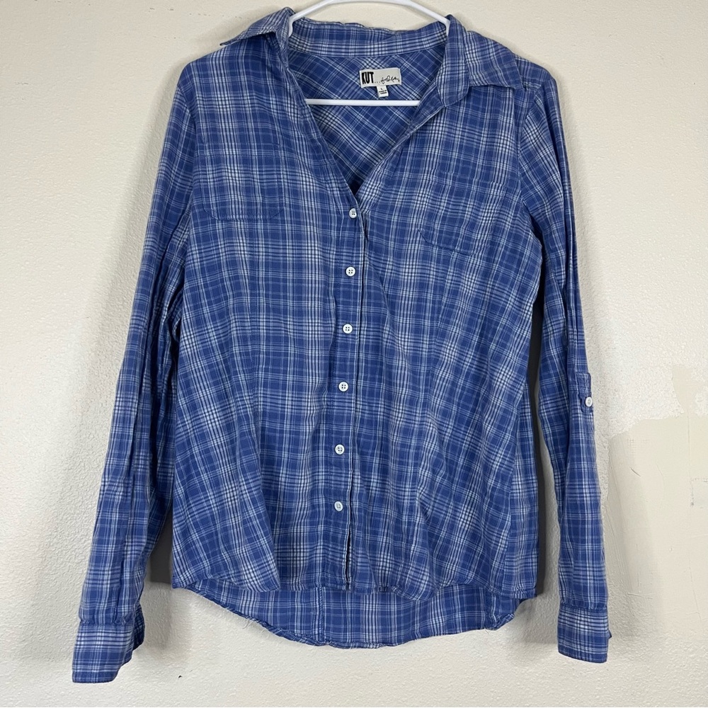 Kut From the Kloth Light Blue Long Sleeve Plaid Blouse Size Large Buttons Cotton